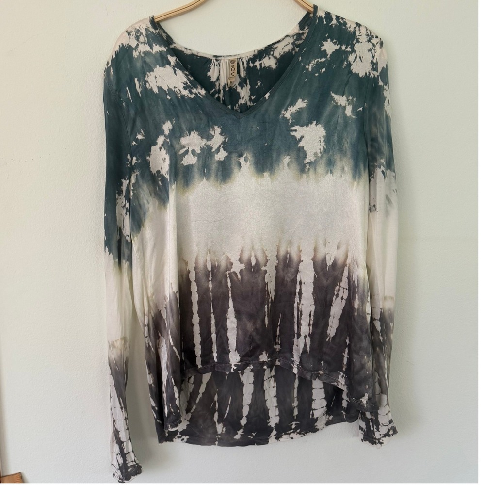 XCVI Womens Tie Dye V-Neck Long Sleeve High-Low Top Teal Grey White 13463 Size M